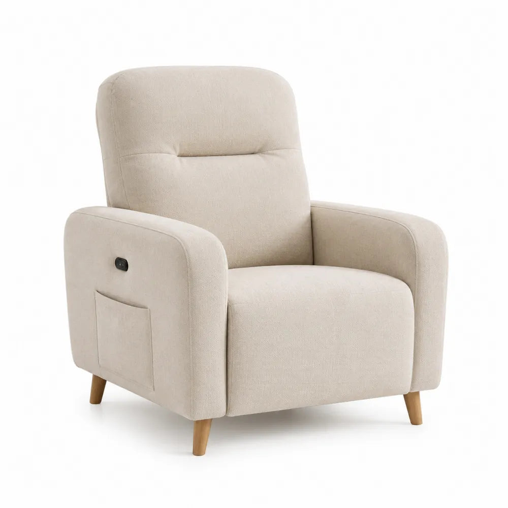 fauteuil relax 1 place tissu polyester beige dossier haut avec poche latérale et commande latérale pieds bois massif environ 80 x 85 x 100 cm