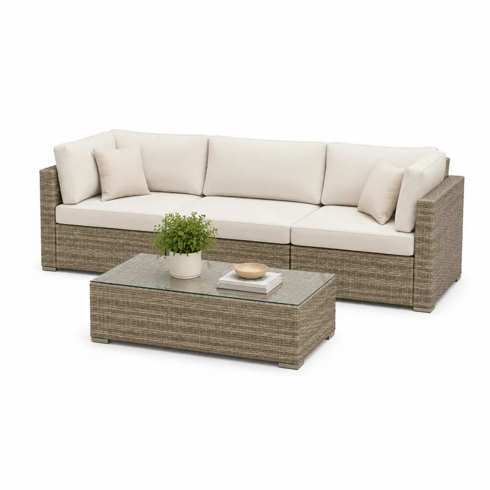 Salon de jardin canapé 3 places résine tressée beige 210 cm avec table basse rectangulaire plateau verre trempé