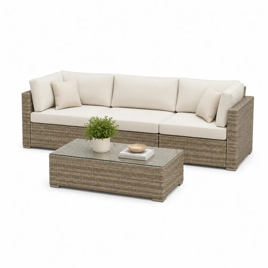 Salon de jardin canapé 3 places résine tressée beige 210 cm avec table basse rectangulaire plateau verre trempé