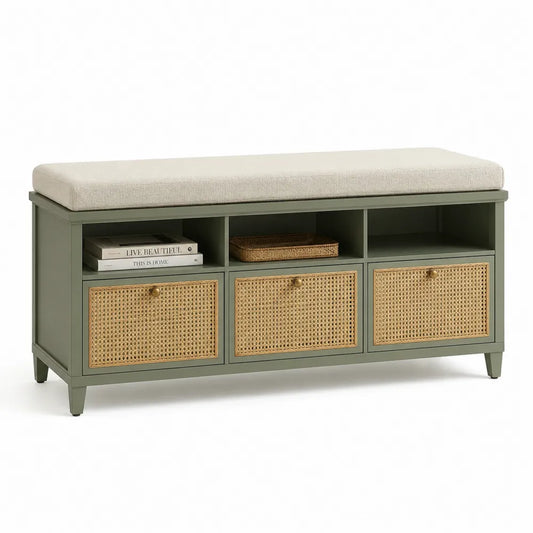 banc de rangement 120 cm MDF vert sauge avec coussin d’assise tiroirs en rotin et niches ouvertes pieds bois naturel