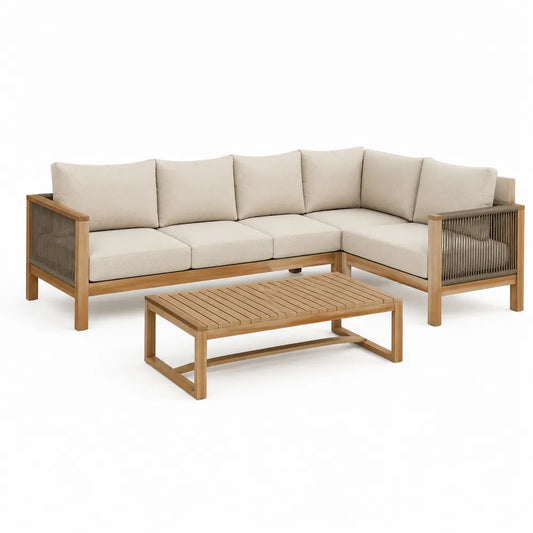 Canapé de jardin d'angle en L bois d'acacia naturel cordage polyester coussins beige dimensions 210 cm 75 cm 70 cm module retour 150 cm 75 cm 70 cm table basse 90 cm 60 cm 35 cm