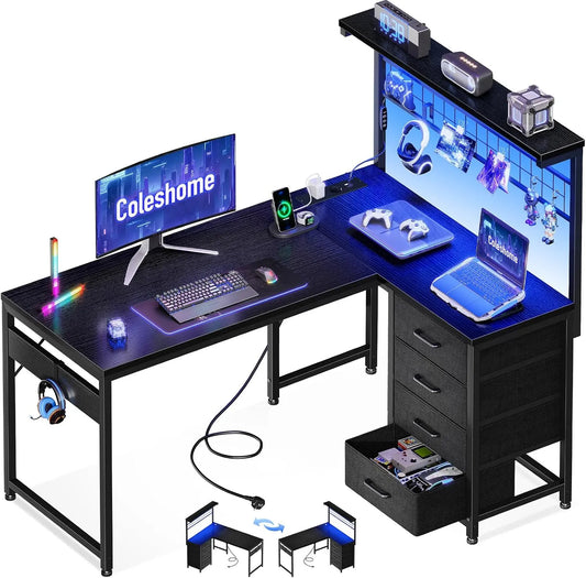 Bureau et table informatique – réversible, avec rangement, avec tiroirs, pour gaming, 110 × 80 cm, noir, avec éclairage LED