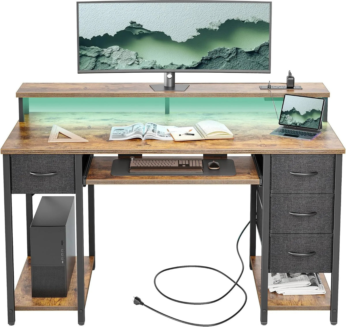 Bureau et table informatique – réversible, avec rangement, avec tiroirs, pour gaming, 4 Tiroirs, 120 × 50cm, avec éclairage LED