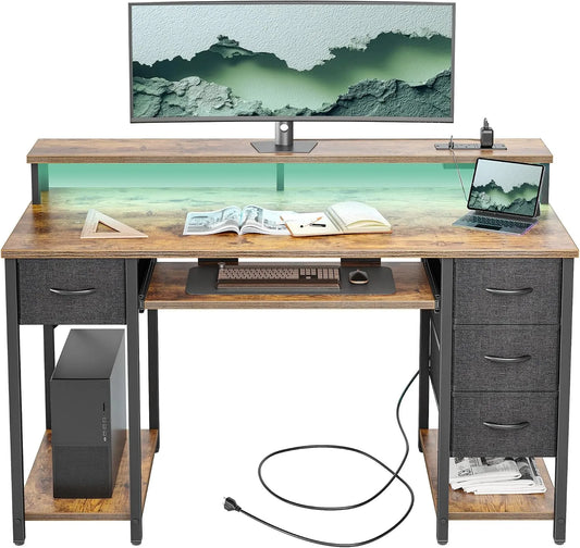 Bureau et table informatique – réversible, avec rangement, avec tiroirs, pour gaming, 4 Tiroirs, 120 × 50cm, avec éclairage LED