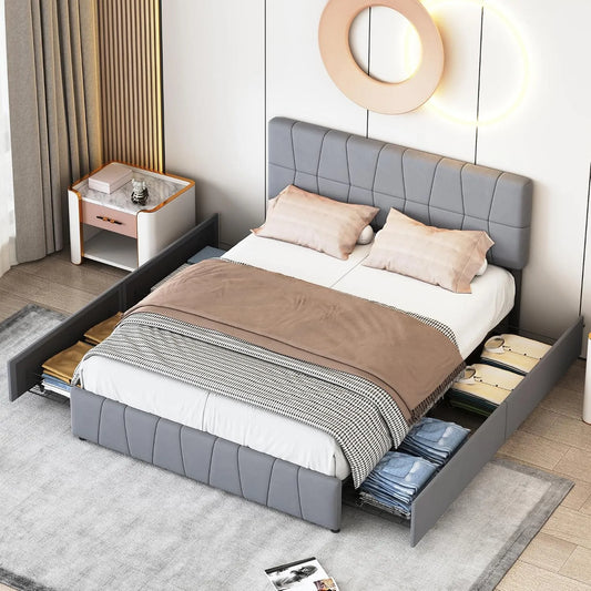 Lit double capitonné 160 x 200 cm avec 4 tiroirs — avec rangement, avec tiroirs, réglable, 160 × 200 cm, revêtement en velours