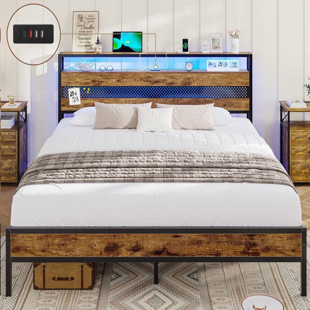 Lit 140 x 200 avec Sommier Métal — en métal, avec rangement, avec Bibliothèque et étagère de rangements, avec port USB, 2 Place, 2 Étagères, 140 × 200