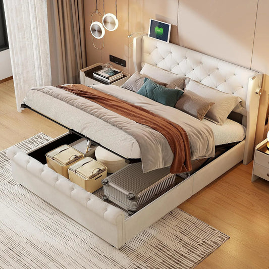 Lit Coffre 140 x 190 cm avec Lampe de Lecture: avec rangement, avec port USB, 140 × 190 cm, beige, revêtement en velours