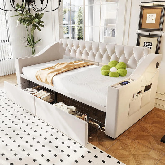 Canapé convertible et canapé-lit: avec rangement, avec tiroirs, avec accoudoirs, avec port USB, 90 × 190 cm, beige, revêtement en velours