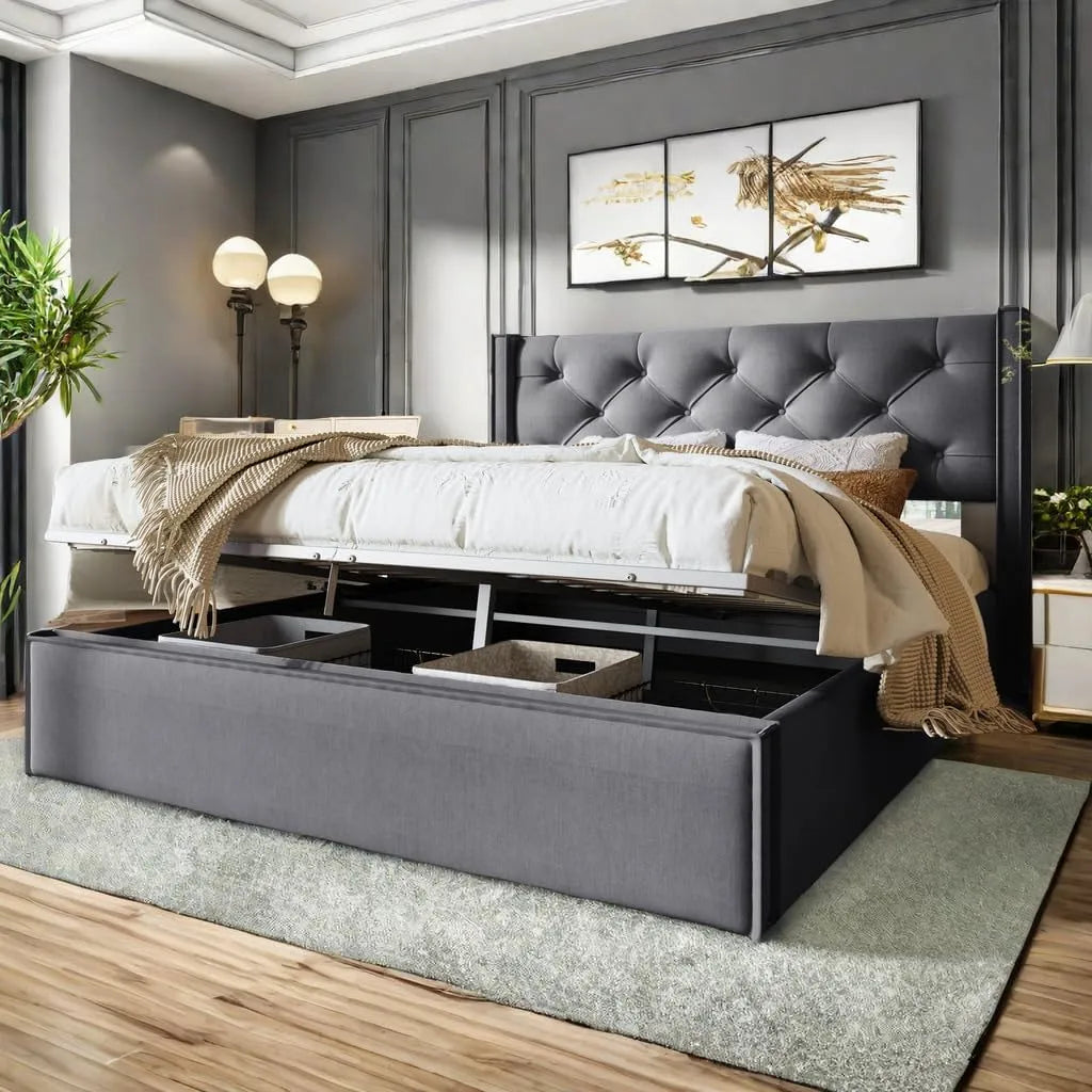 Lit Coffre 140x200 Capitonné avec Tête de Lit et Espace — avec rangement, 140 × 200, gris, revêtement en tissu