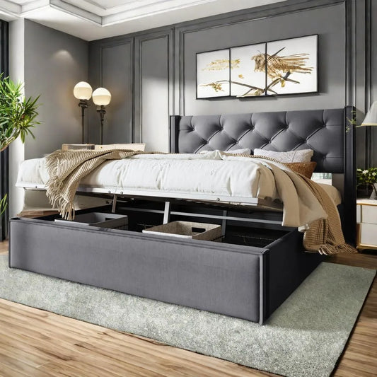 Lit Coffre 140x200 Capitonné avec Tête de Lit et Espace — avec rangement, 140 × 200, gris, revêtement en tissu