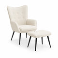 fauteuil 1 place avec pouf tissu polyester beige pieds bois finition noire dossier haut rembourré