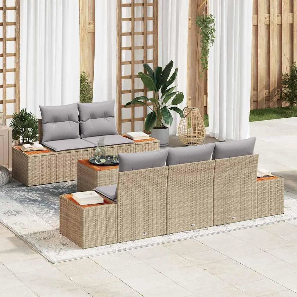 Ensemble de 6 canapés de jardin en polyrotin beige en – modulaire, en bois, 5 places, résistant aux intempéries