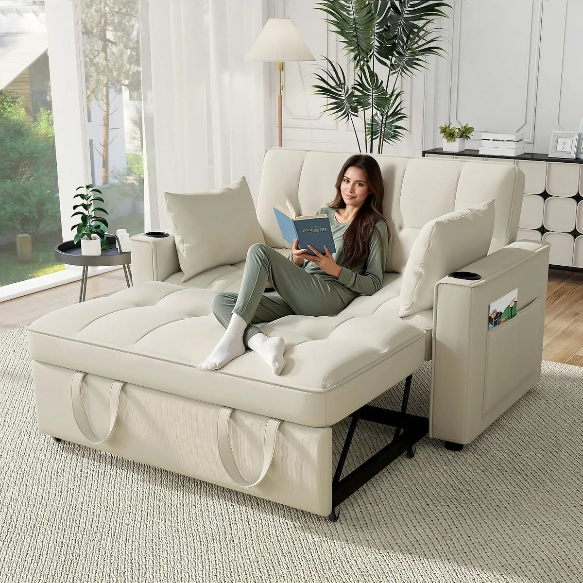 Canapé d'angle et canapé panoramique – Convertible, inclinaison réglable, avec dossier, avec coussins, 2 Places, beige, pliable, revêtement en velours