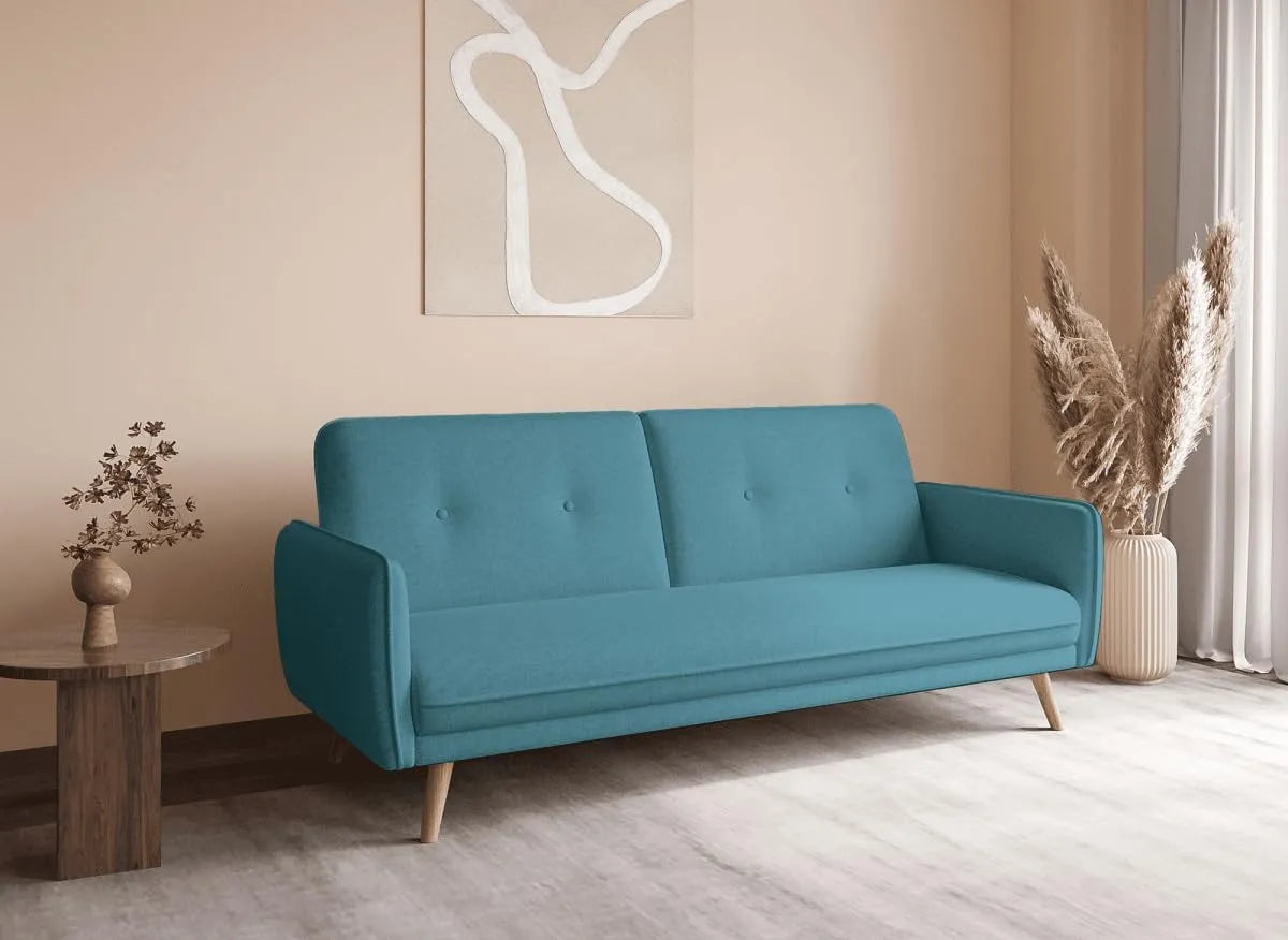 Canapé — revêtement en tissu, en bois, bleu
