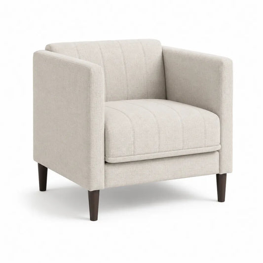Fauteuil de salon 1 place tissu polyester beige pieds bois massif finition foncée structure MDF et bois 78 x 78 x 75 cm