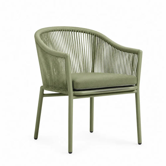 Fauteuil de jardin structure acier corde polyester tressée coussin vert olive 62 cm x 60 cm x 78 cm