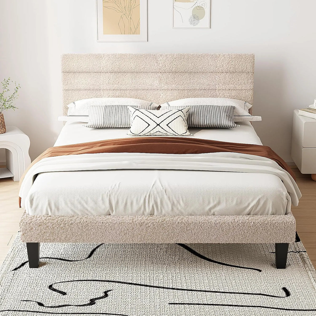 Bonnlo Lit 140x200 avec Sommier – revêtement en tissu, revêtement bouclé, 140 × 200, blanc