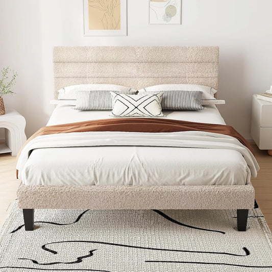 Bonnlo Lit 140x200 avec Sommier – revêtement en tissu, revêtement bouclé, 140 × 200, blanc
