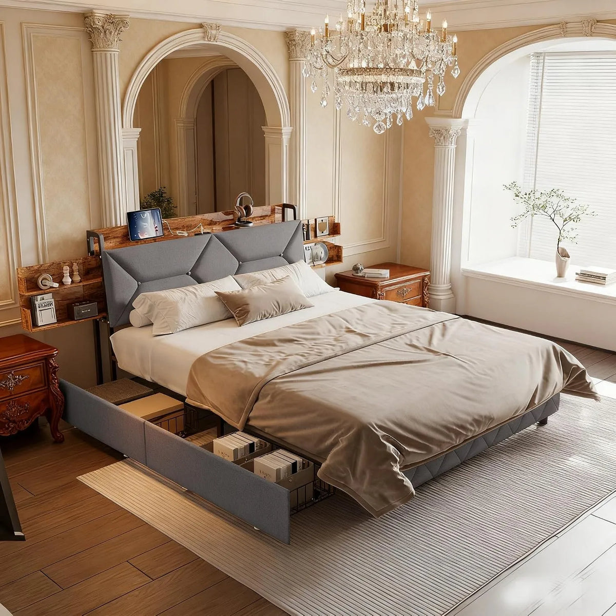 Lit double rembourré: avec rangement, avec tiroirs, avec port USB, 4 tiroirs, 140 × 200 cm, gris