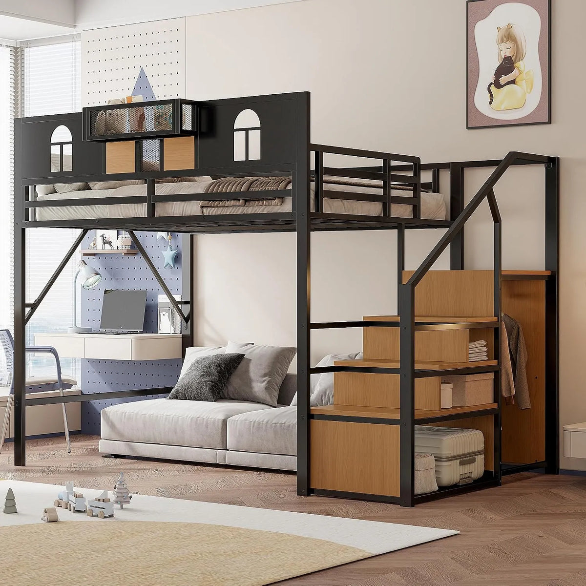 Merax Lit Mezzanine en métal 140x200 cm: avec rangement, avec échelle, 140 × 200 cm, noir, revêtement en tissu
