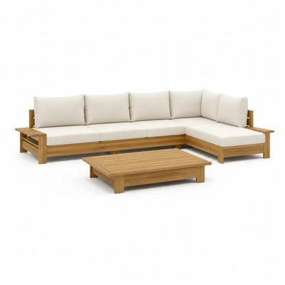 Salon de jardin canapé d angle 3 places avec méridienne table basse bois d acacia massif coussins polyester beige 250 cm 200 cm 75 cm