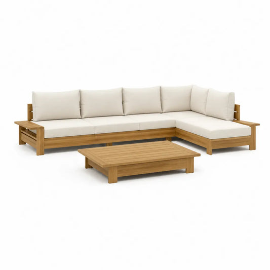 Salon de jardin canapé d angle 3 places avec méridienne table basse bois d acacia massif coussins polyester beige 250 cm 200 cm 75 cm
