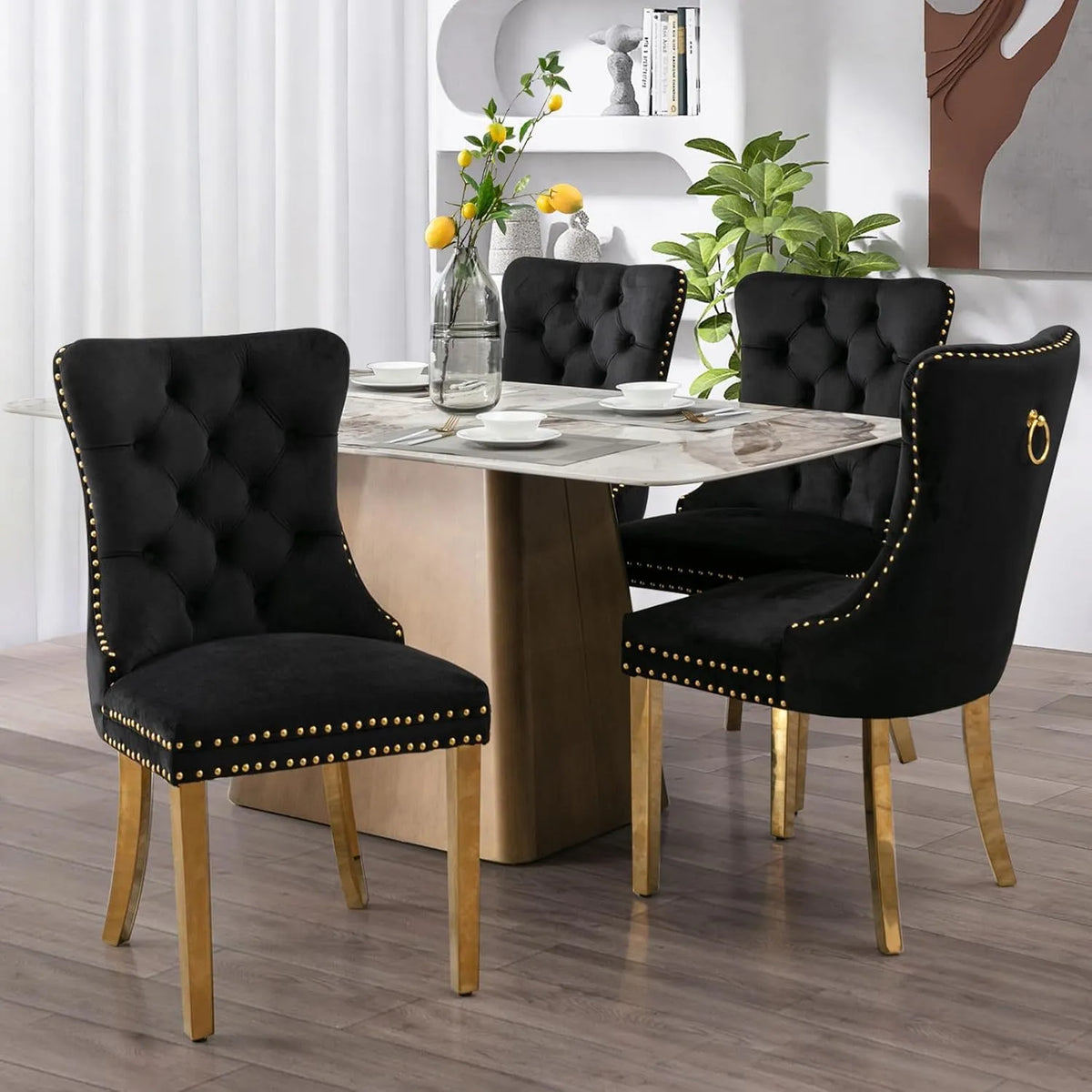 Chaise — en métal, avec dossier, Ensemble de 4, noir, revêtement en velours