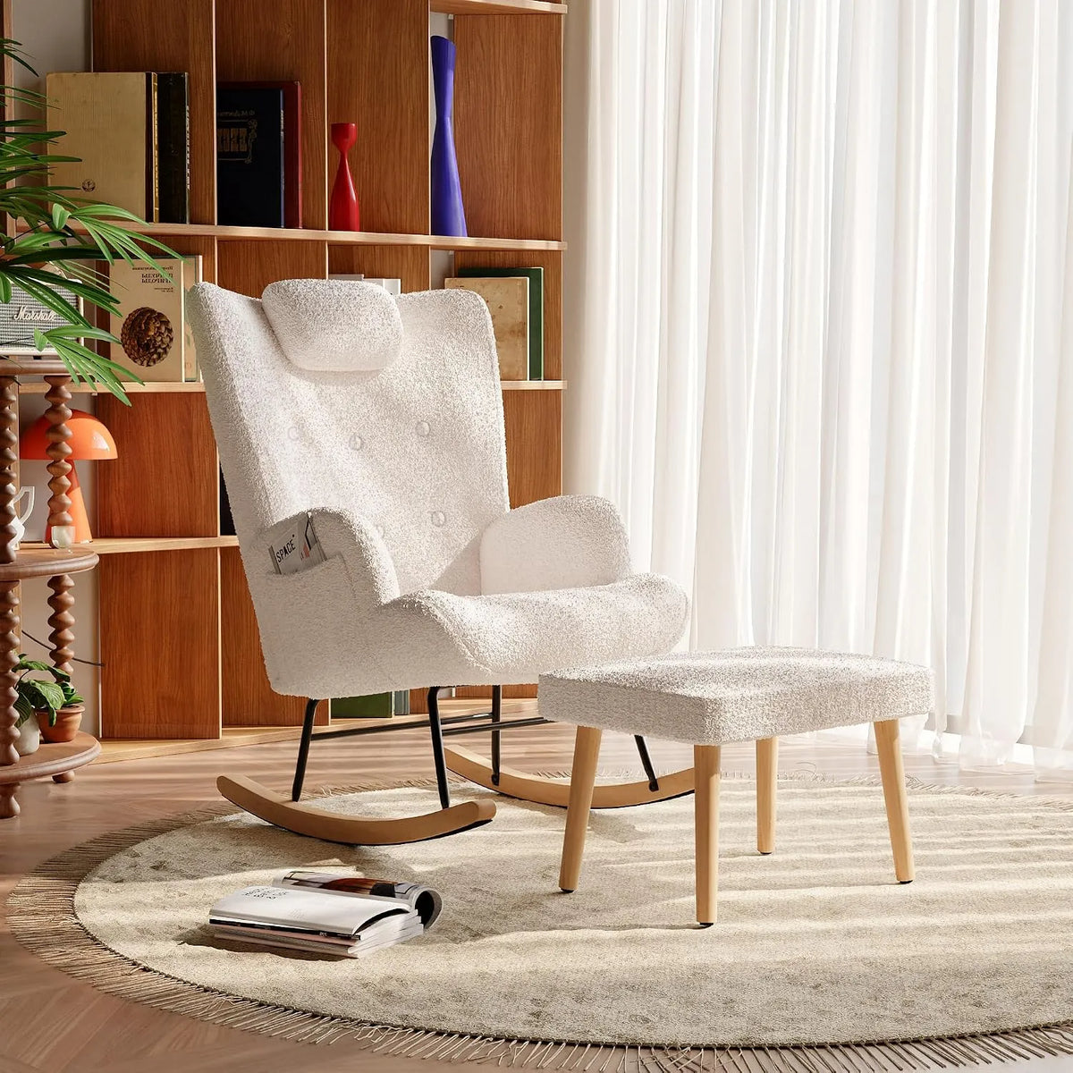 Fauteuil et chaise rembourrée à bascule: revêtement en tissu, blanc