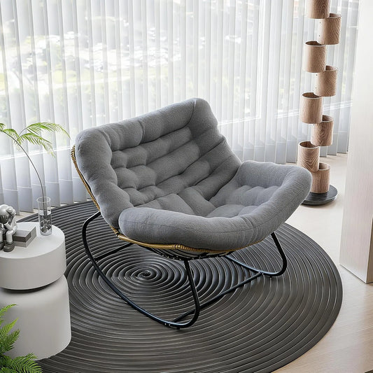 Fauteuil à bascule — avec coussins, 140 kg, gris, en résine tressée